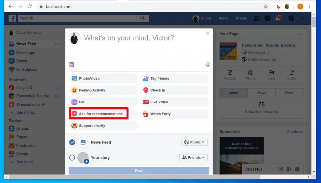 How to Ask for Recommendations on Facebook from a PC (Facebook.com)