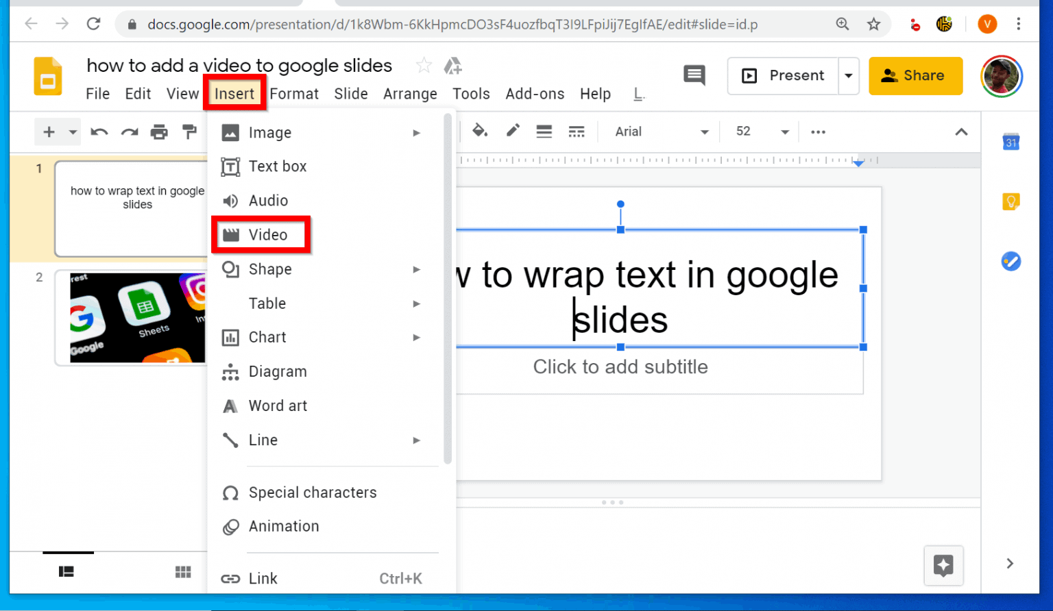 how to add a video to google presentation