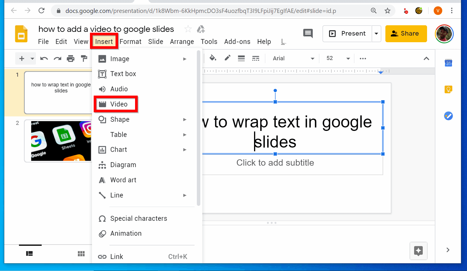 how to put video in google presentation
