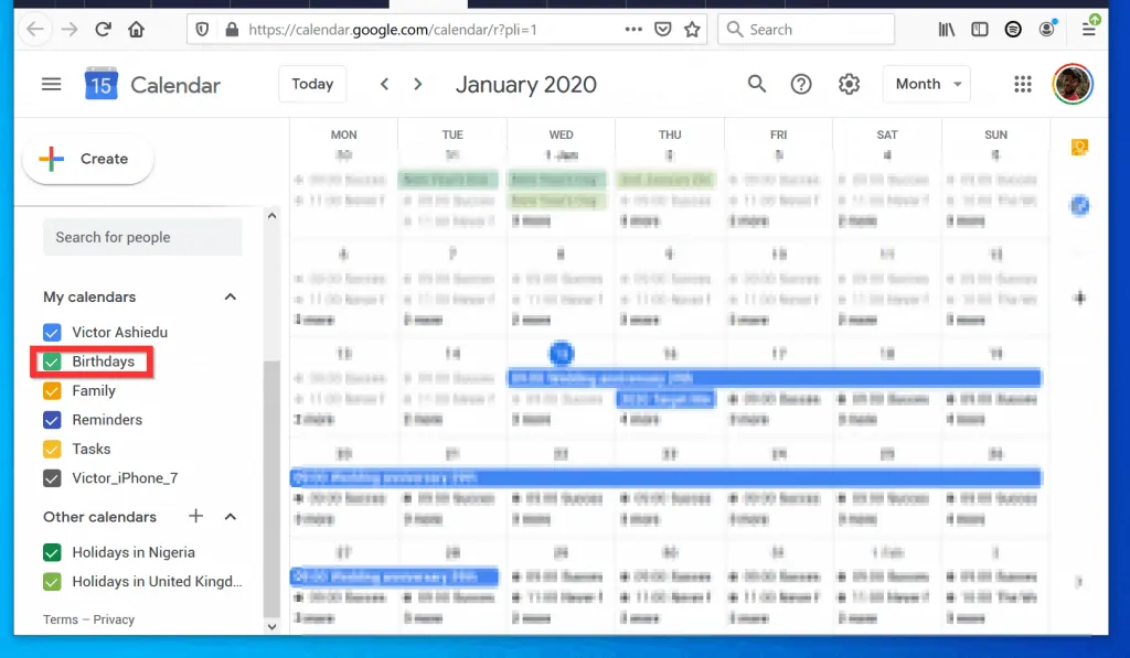 How to Add Birthdays to Google Calendar from a PC - Ensure that "Birthday" is Enabled in Google Calendar