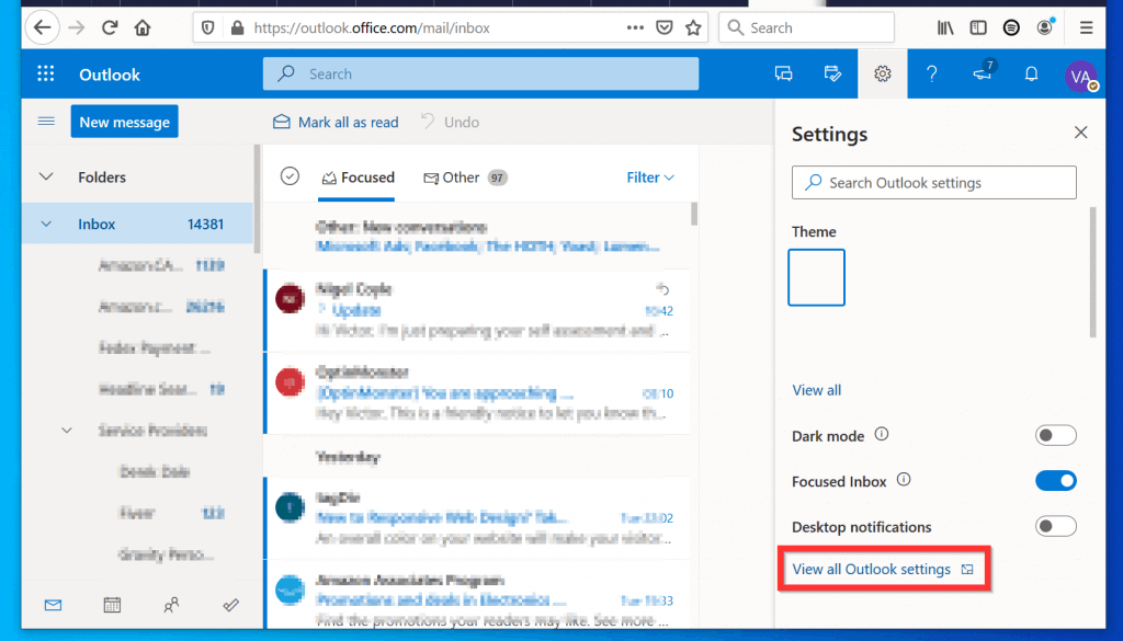 changing email settings in outlook for office 365