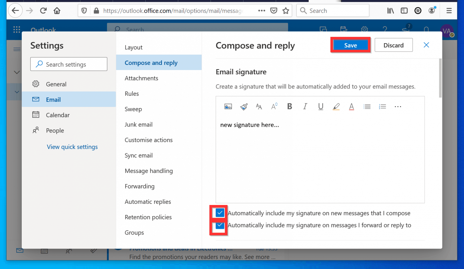 how to add signature in outlook browser