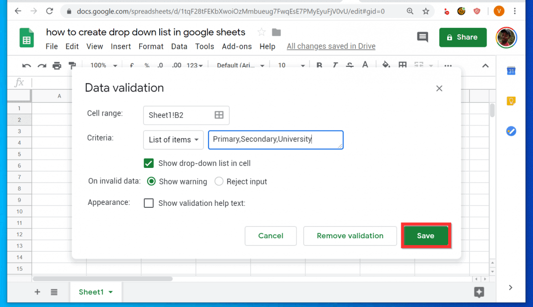 how to create a drop down list in google sheets
