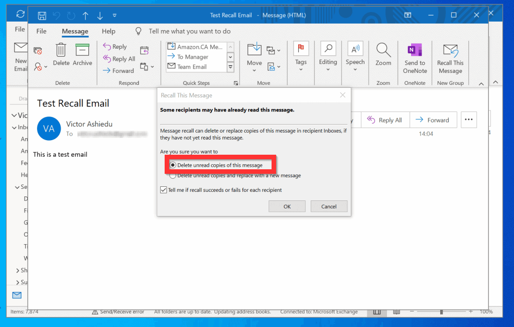 how to recall an email in outlook web page