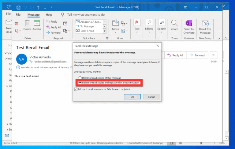 How to Recall an Email in Outlook from Windows 10 | Itechguides.com