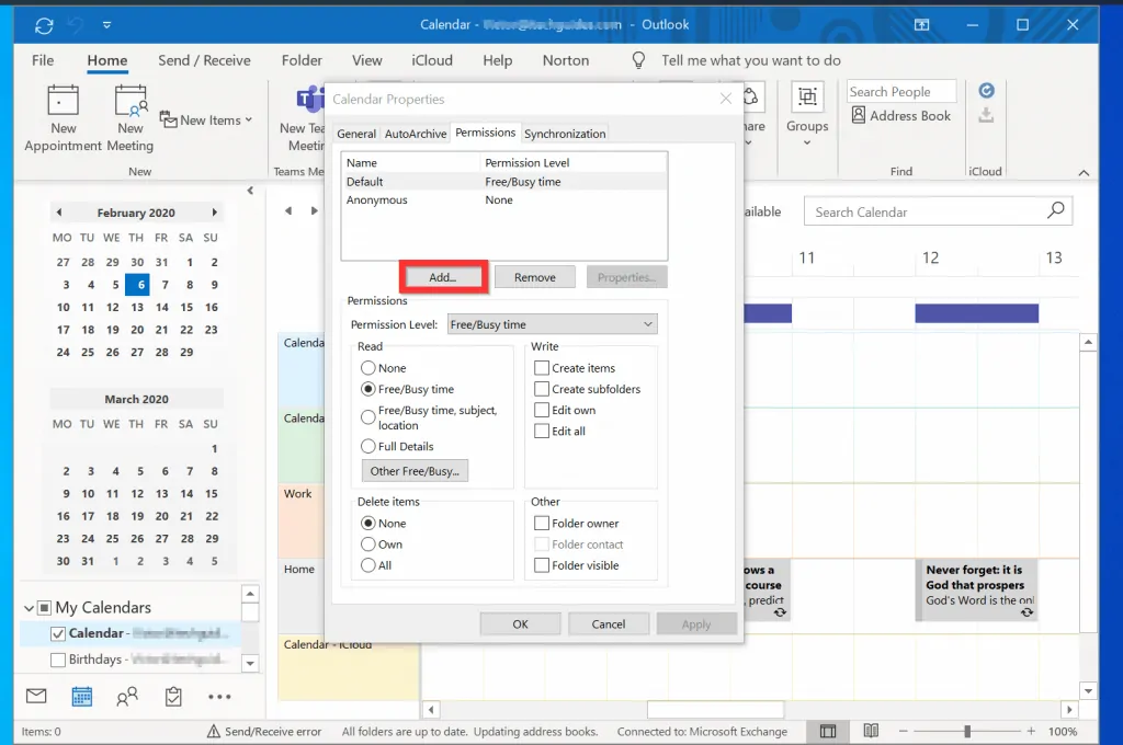 Share Outlook Calendar with "Calendar Permission" Option