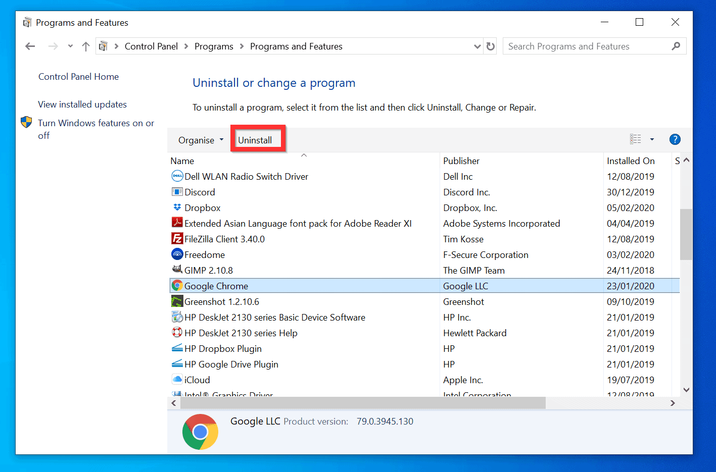 how to uninstall google chrome in windows 10 using cmd