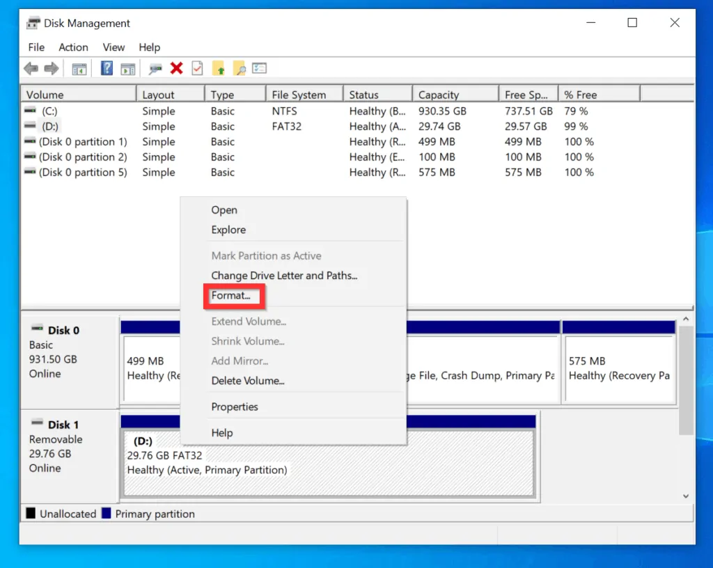 How to Format SD Card on Windows 10 - Step 2: method 1 - Format an SD Card from Disk Management