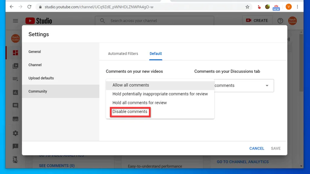 How to Disable Comments on New YouTube Videos
