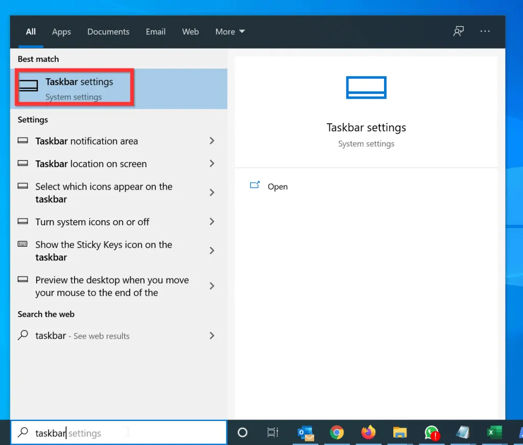 How to Hide Taskbar in Windows 10 - Search taskbar and click Taskbar settings. 