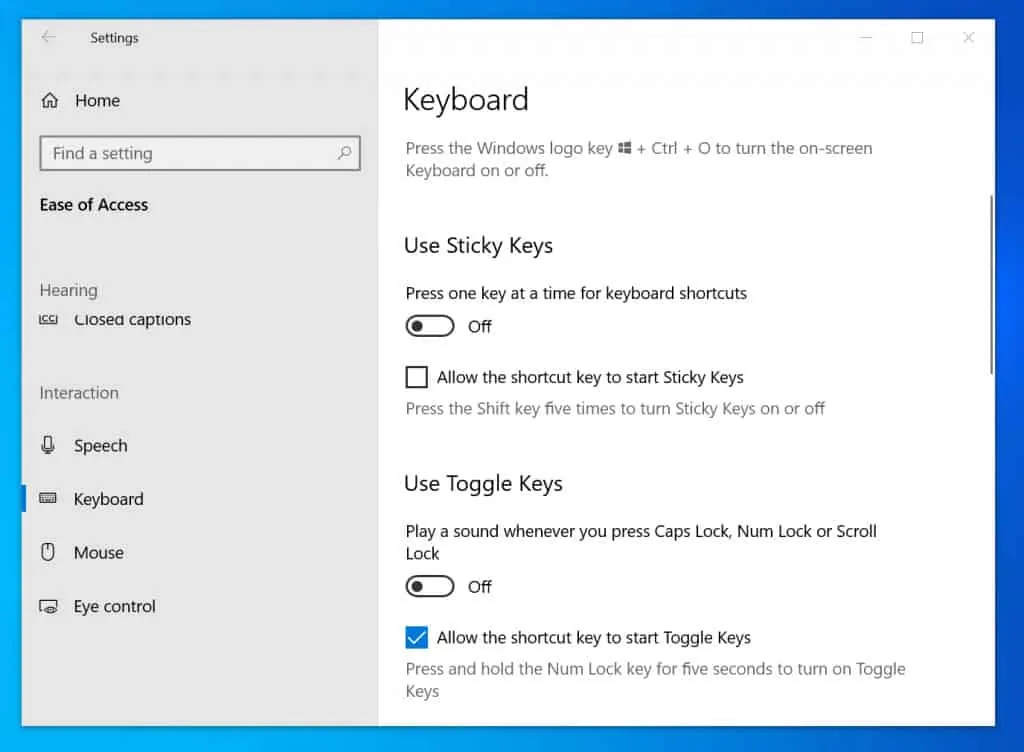 How to Turn off Sticky Keys on Windows 10 from Settings