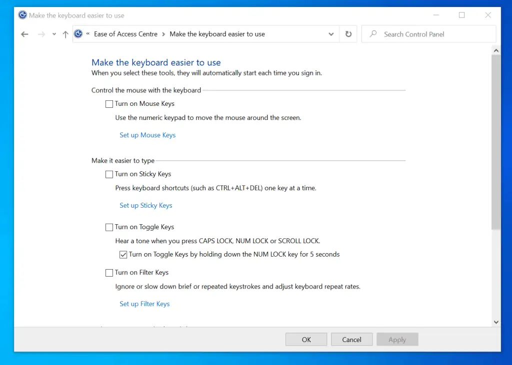 How to Turn off Sticky Keys on Windows 10 from Ease of Access