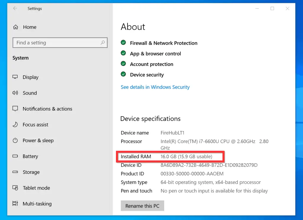 How to Check RAM on Windows 10 from Systems Settings