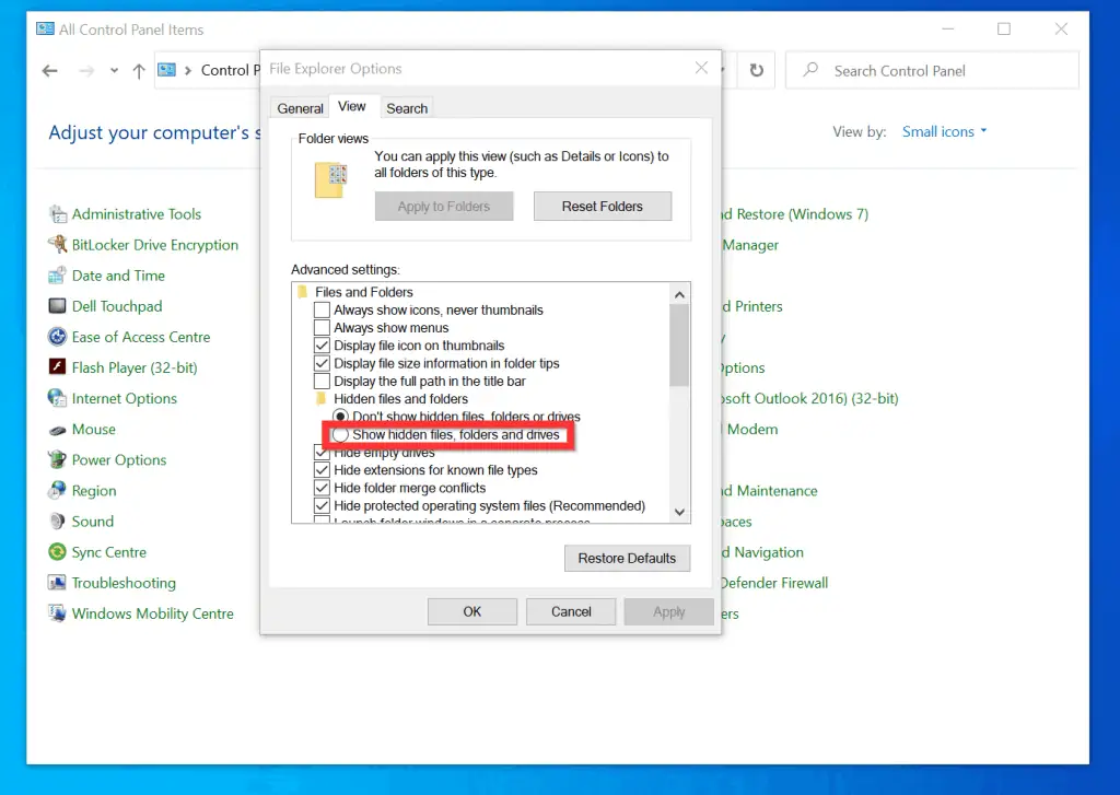 How to View Hidden Files on Windows 10 from Control Panel