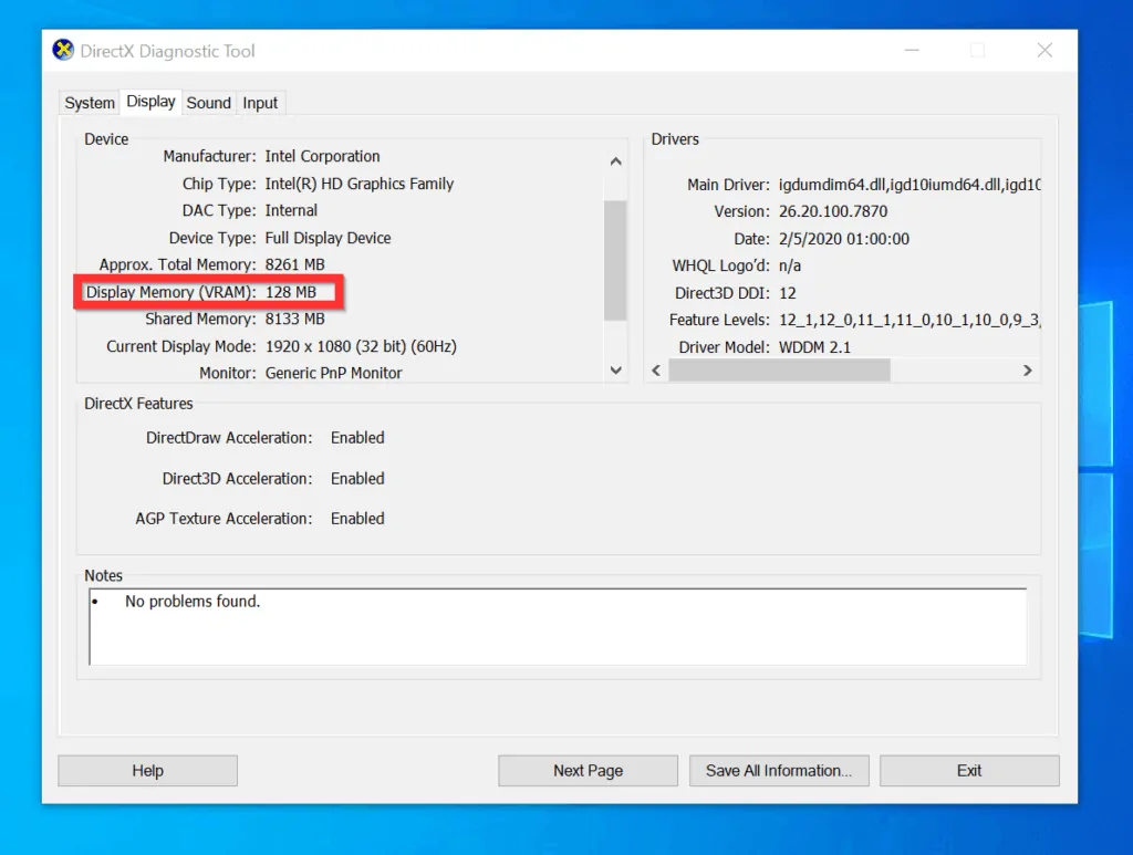 How to Check VRAM on Windows 10 from DirectX Diagnostics Tool