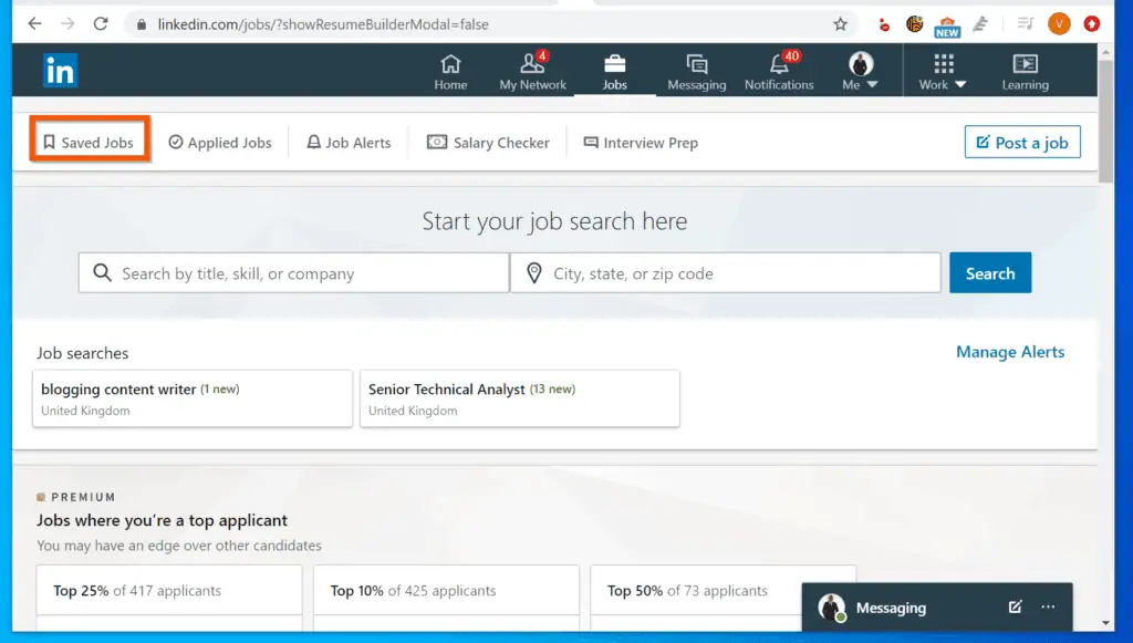 How to View LinkedIn Saved Jobs from LinkedIn.com - on the top left of the page, click click Saved Jobs. 