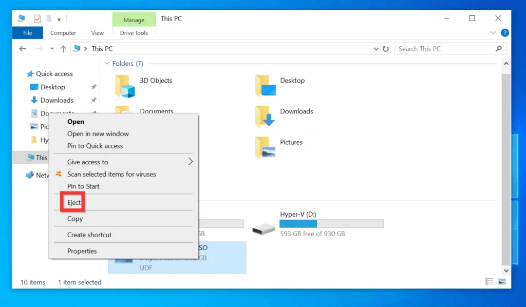 How to UnMount ISO on Windows 10 from File Explorer