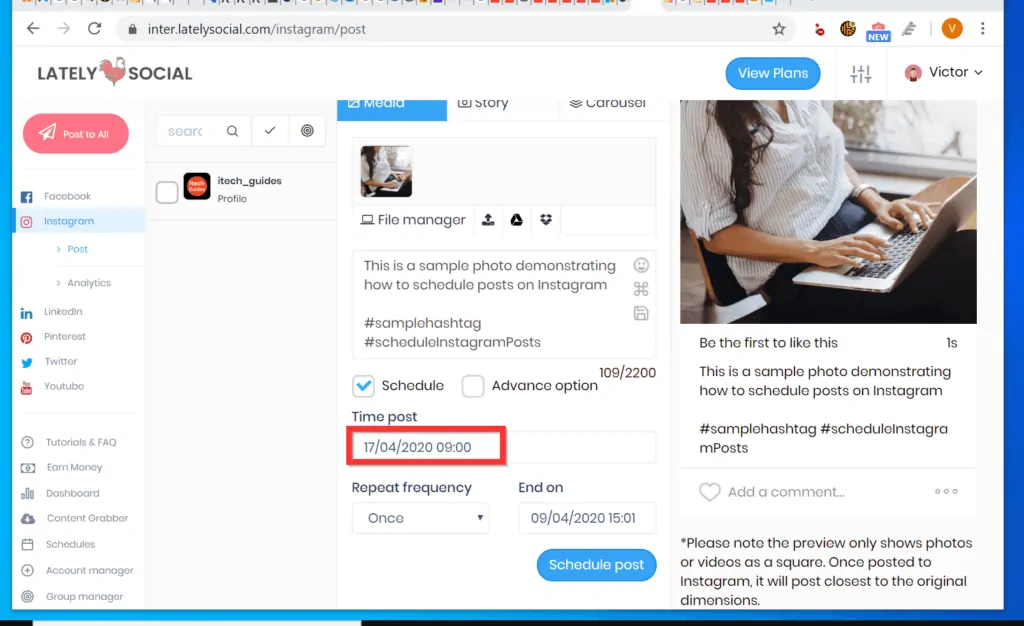 Schedule Posts on Instagram with LatelySocial - step 3 - Schedule Posts on Instagram with LatelySocial.com