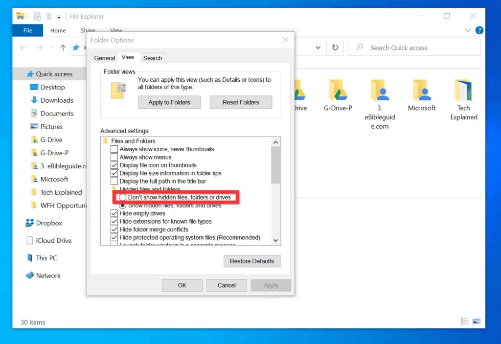 How to Unhide Folders in Windows 10: Step 3 - Disable Show Hidden Items
