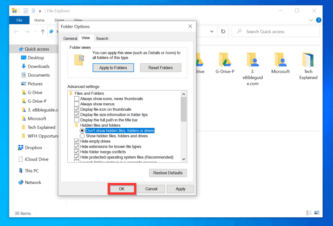 how to change hidden files to unhide windows 10