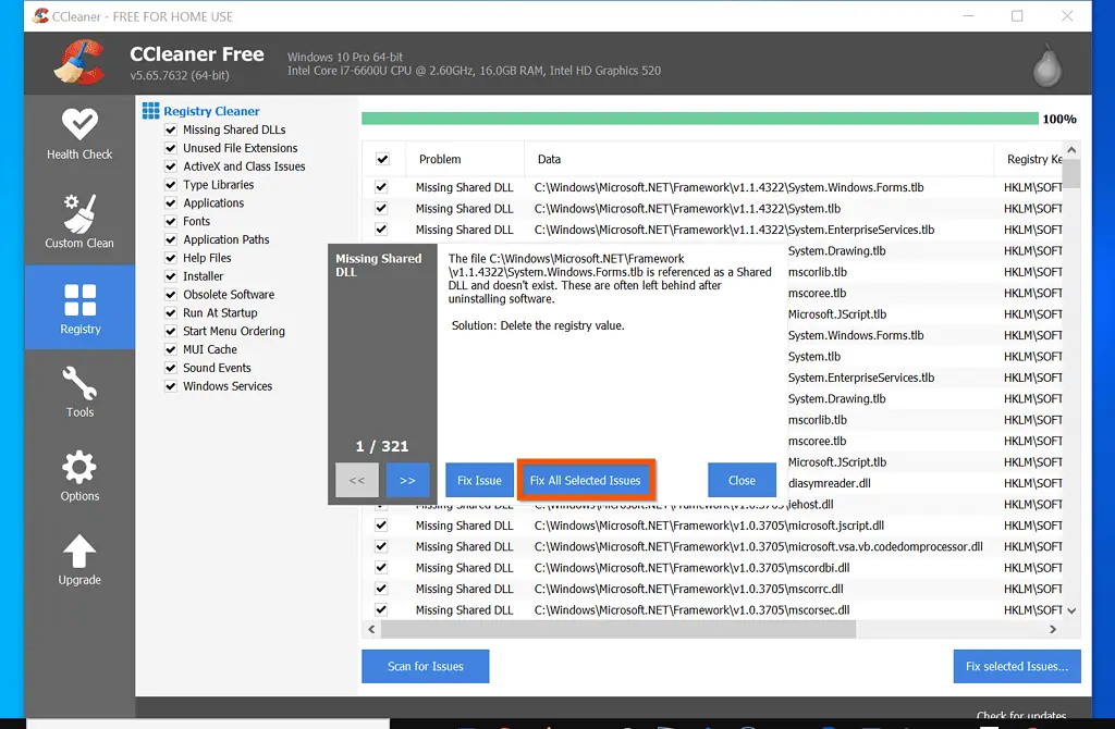 Clean Windows 10 Registry with CCleaner