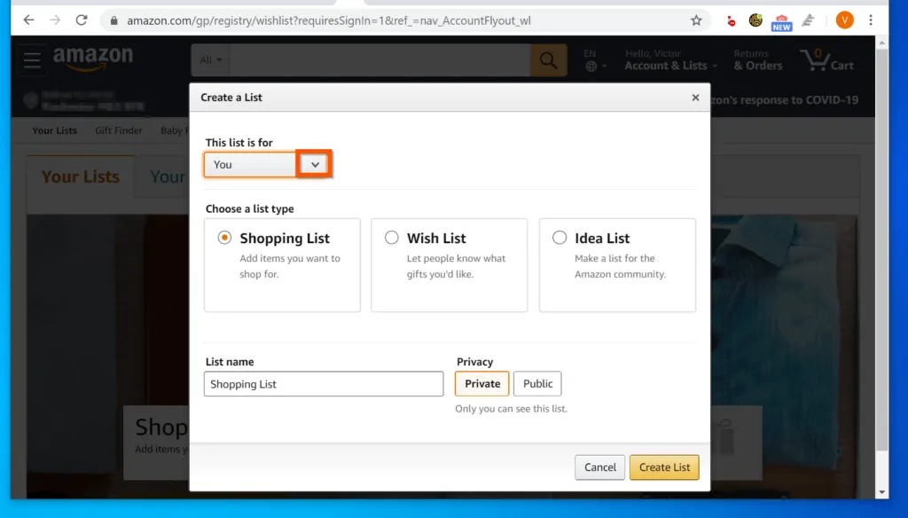 Create Amazon Shopping List for Someone Else