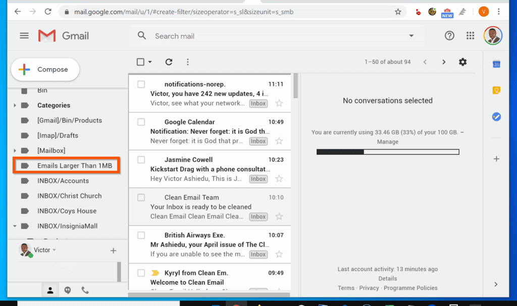 How to filter emails in gmail by size sender or date