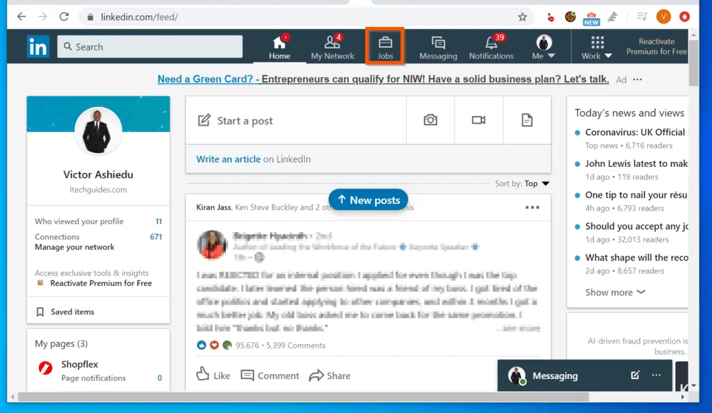 How to View LinkedIn Saved Jobs from LinkedIn.com - Login to LinkedIn and click Jobs