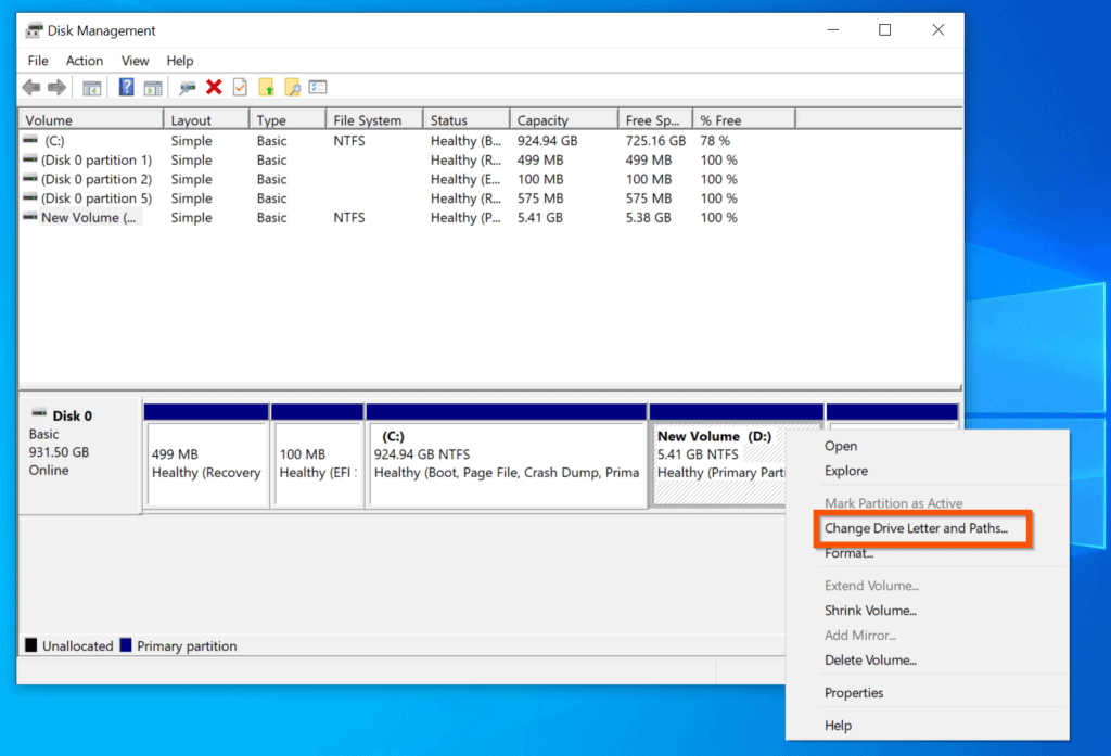 How to Change Drive Letter on Windows 10 with Disk Management - Then, right-click the drive or partition you want to change drive letter for and select Change Drive Letter and Paths...