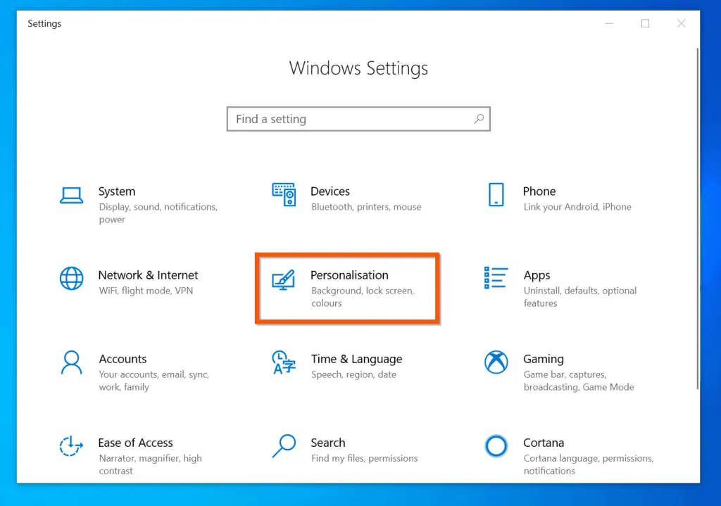 How to Change Wallpaper on Windows 10 - 2: Then, on the Windows Settings, click Personalisation. 