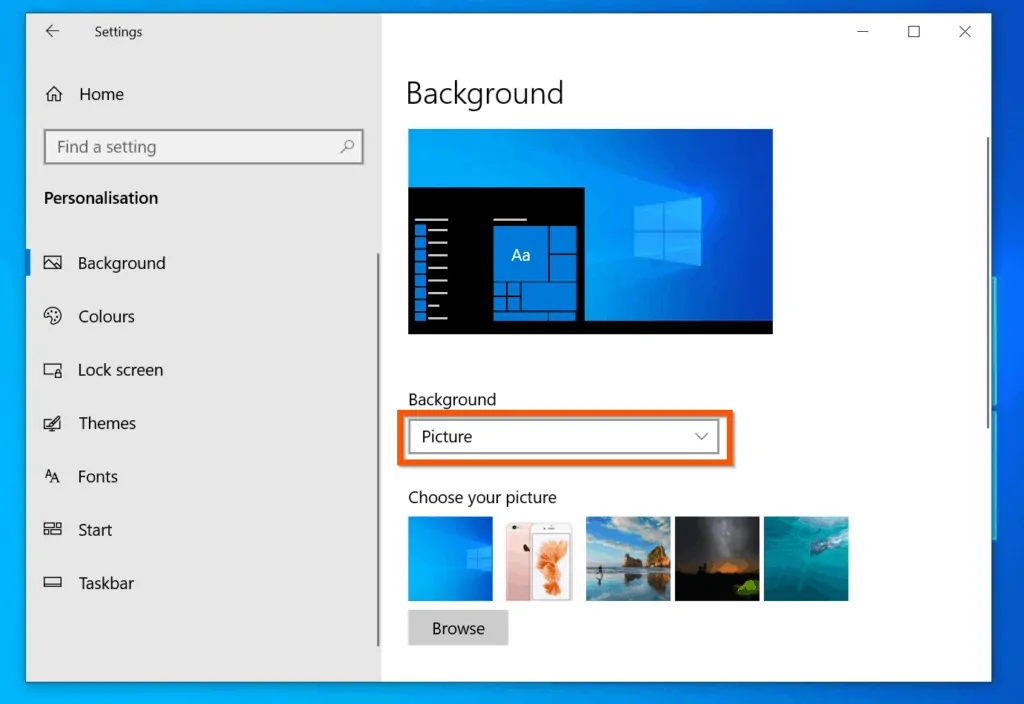 How to Change Wallpaper on Windows 10 - 3: To modify the background (wallpaper) of your desktop, click the Background drop-down and select an option. 