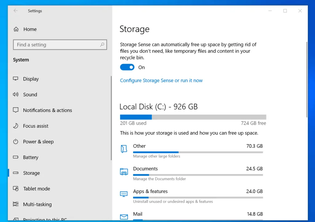how to check storage in windows 10