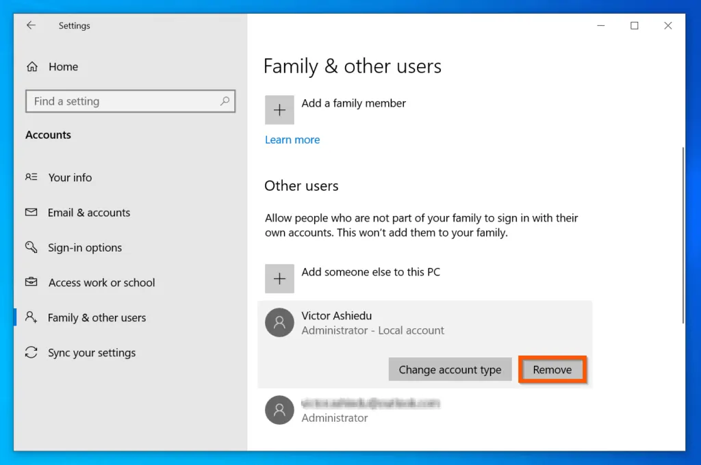 how to remove the built in administrator account from windows 10