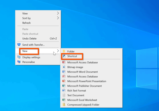 how to create shortcut in win 10