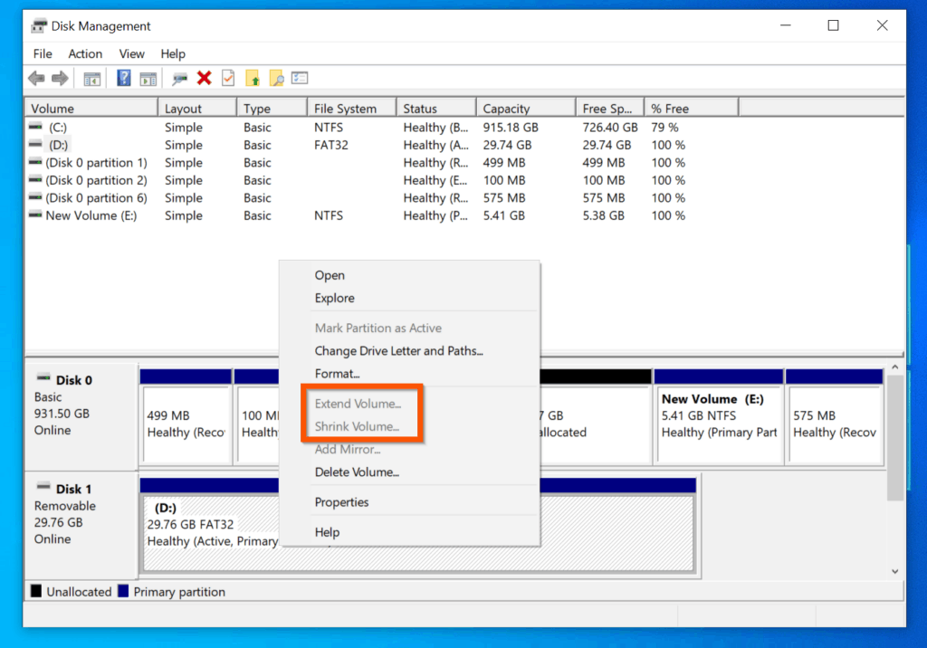 Why is Windows 10 Disk Management Shrink Volume Grayed Out?
