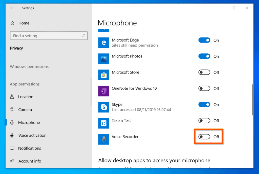 How to Record Audio on Windows 10 - step 1 - Grant Voice Recorder App Access to Microphone