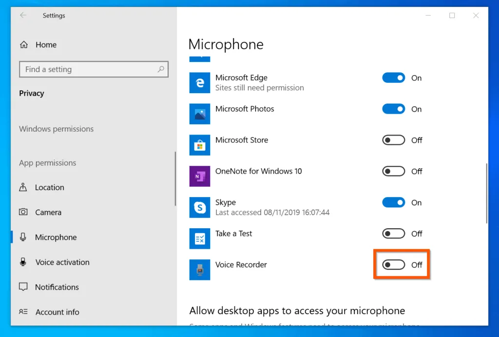 How to Record Audio on Windows 10 - step 1 - Grant Voice Recorder App Access to Microphone