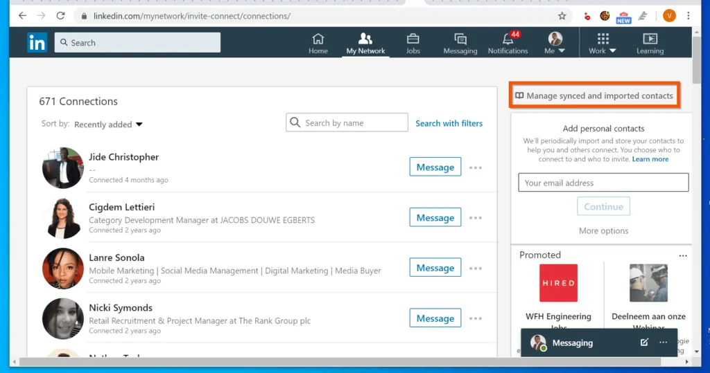 How to Download LinkedIn Contacts - When your LinkedIn Connections page opens, on the top right of the page, click the Manage synched and imported contacts link. 