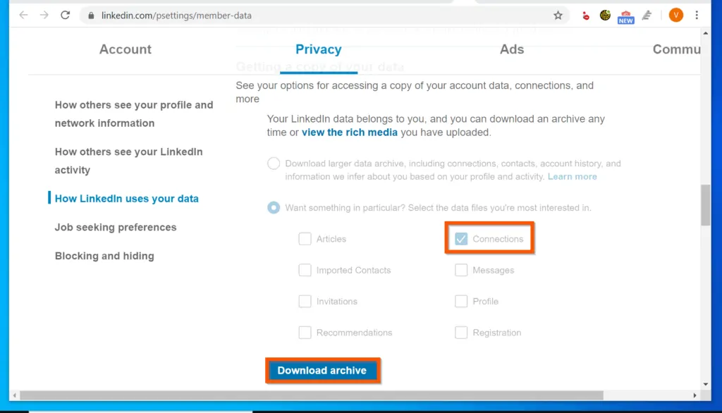 How to Download LinkedIn Contacts - When the contacts is ready for download, click the Download archive button. Then, save the file in a folder on your computer. 
