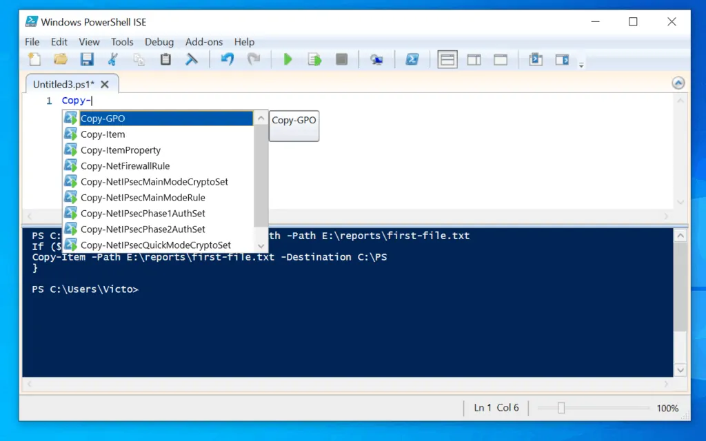 Features Of Windows PowerShell ISE - Cmdlet, Parameter, And File System Auto-Detection and Completion 