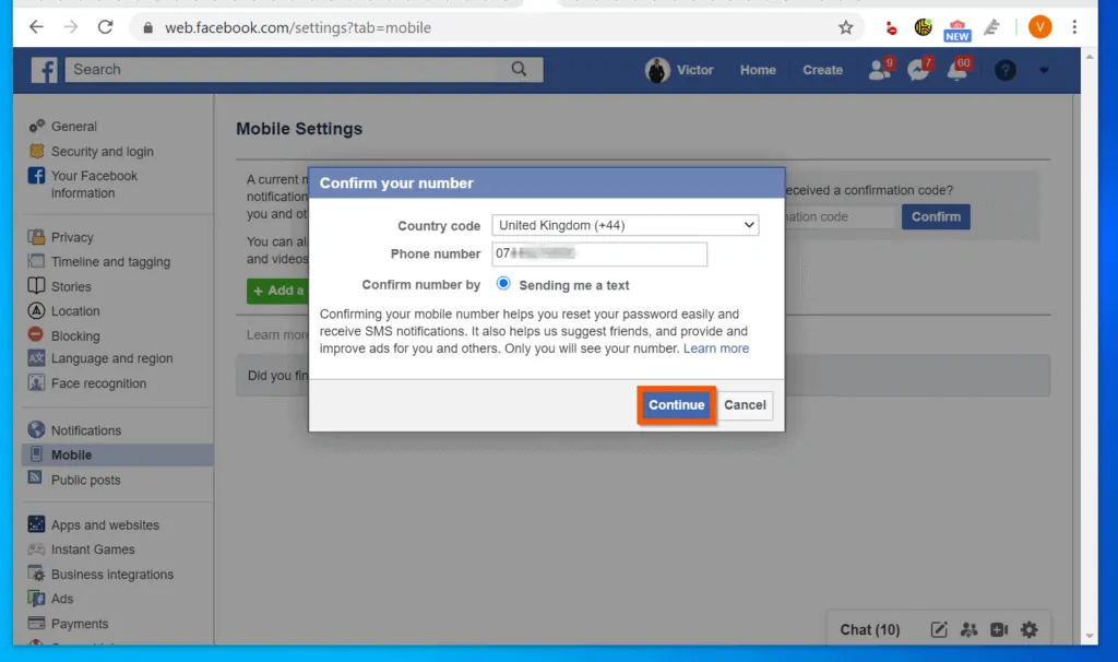 How to Setup SMS on Facebook - step 1 - Add Phone Number to Your Facebook Account