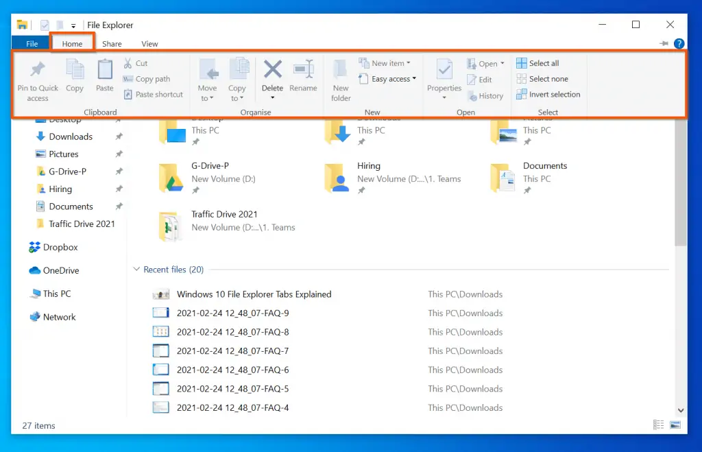 Windows 10 File Explorer "Home" Ribbon Tab Explained