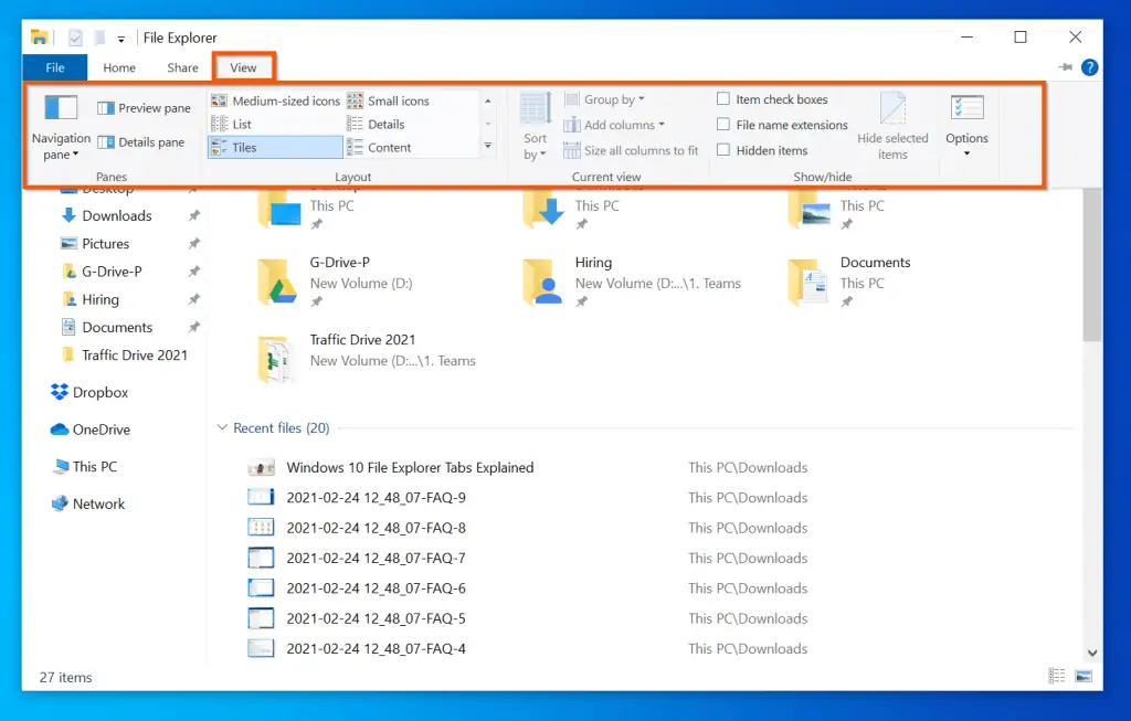 Windows 10 File Explorer "View" Ribbon Explained