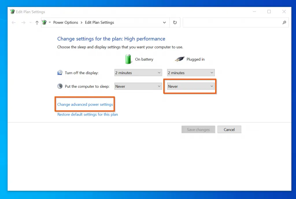 windows 10 randomly shuts down without warning - change settings for the power plan