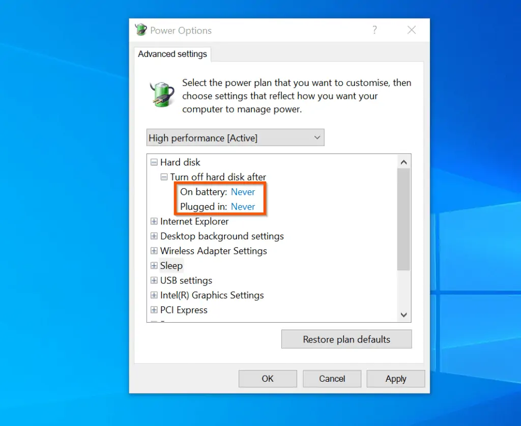 windows 10 randomly shuts down without warning - expand Hard disk, and change "Turn hard disk off after" for both On battery and Plugged in - to 0. When you finish both will be displayed as Never.