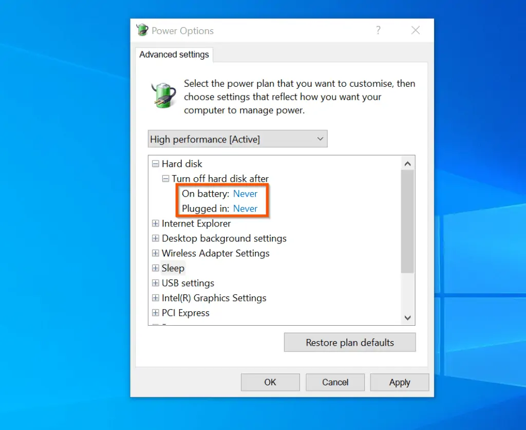 windows 10 randomly shuts down without warning - expand Hard disk, and change "Turn hard disk off after" for both On battery and Plugged in - to 0. When you finish both will be displayed as Never. 