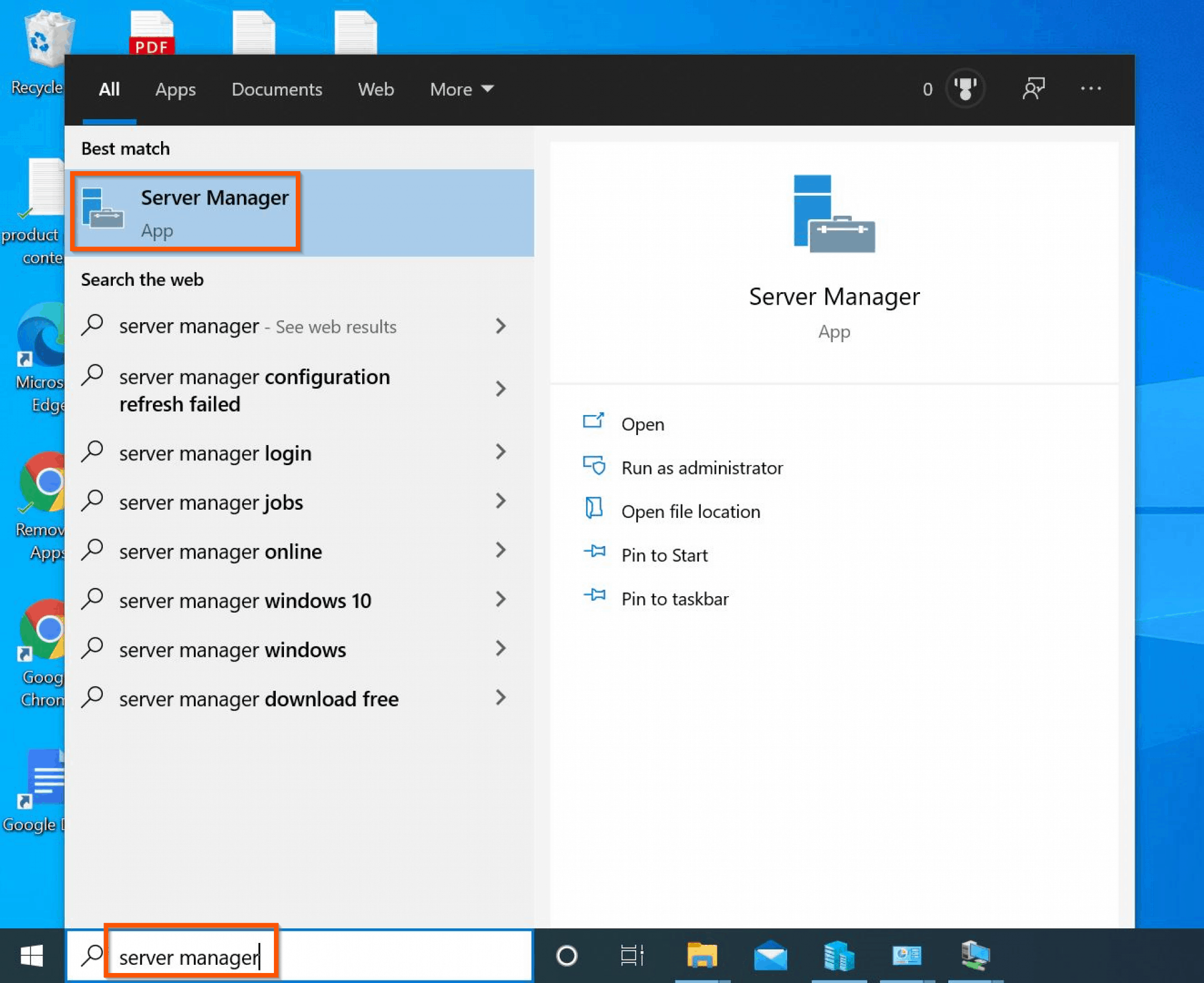 not able to find server manager in windows 10