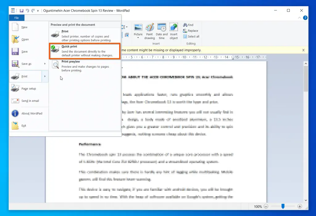 WordPad Quick Print Option