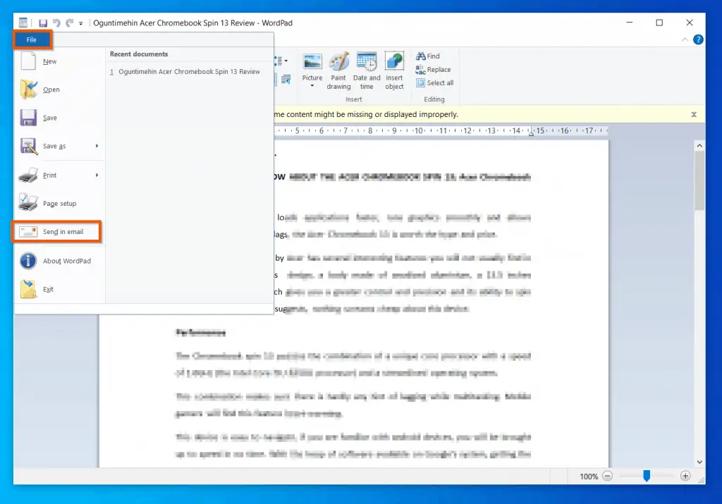Help With WordPad In Windows 10: How To Email A WordPad Document From Within WordPad