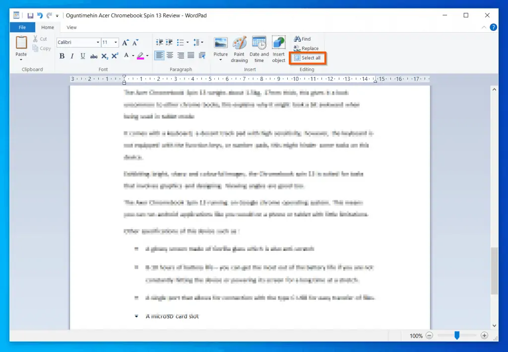 Help With WordPad In Windows 10: How To Select All IN WordPad